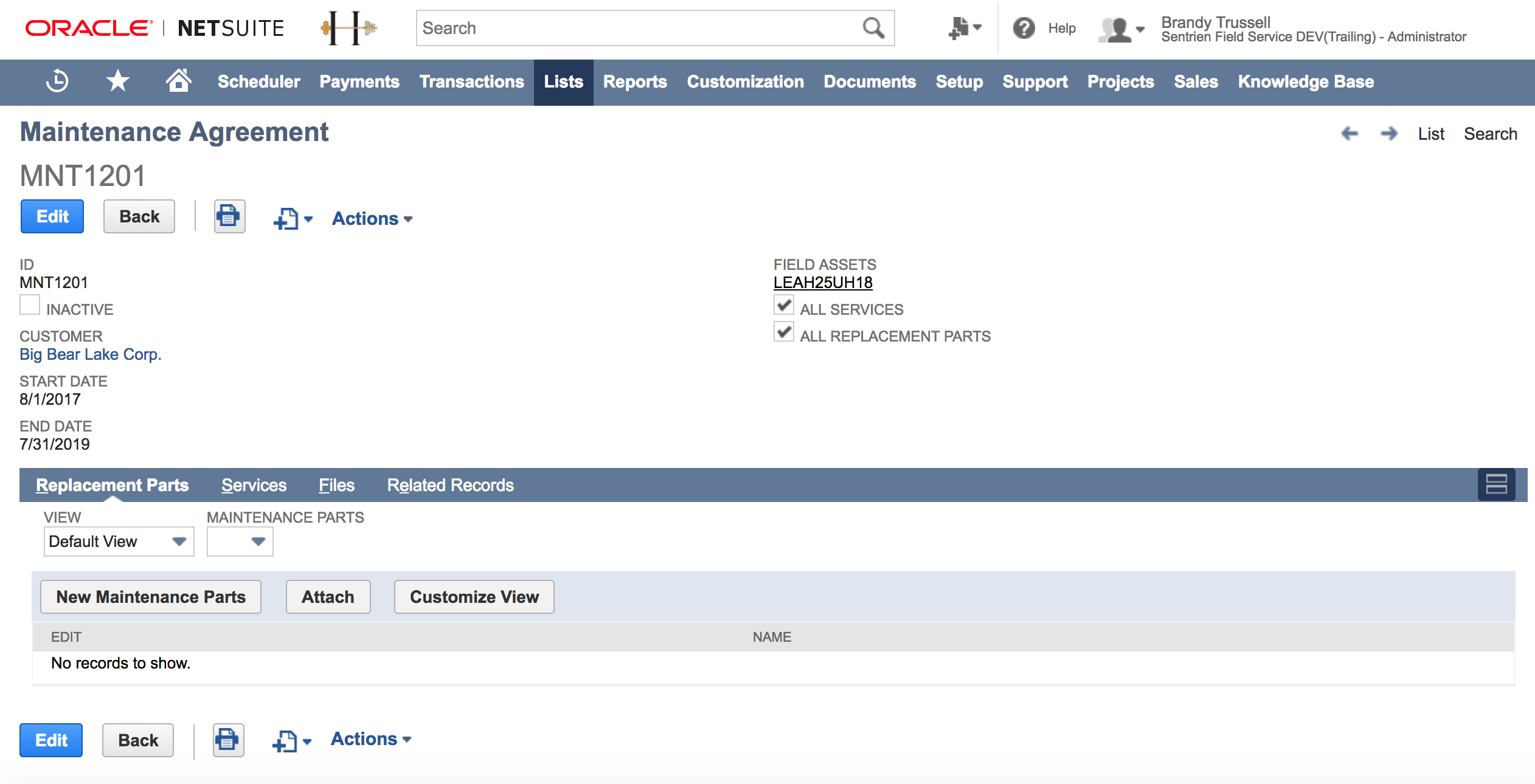 Sentrien Systems Field Service Maintenance Agreement Screen