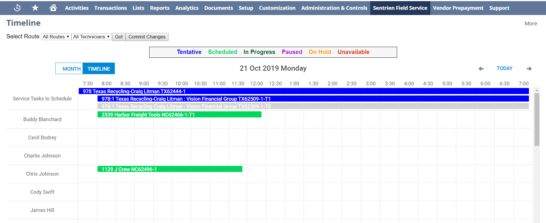 Schedule and Dispatch Teams with the Sentrien Systems Field Service Timeline